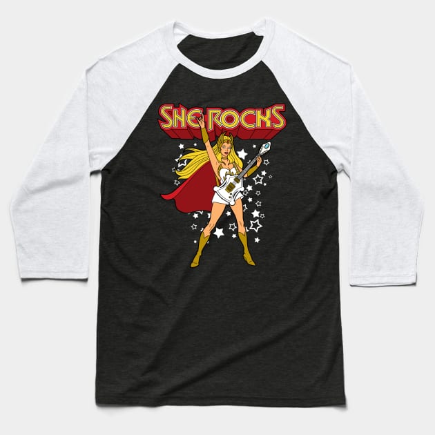 Female Superhero Girl Power Retro 80's Feminist Rock And Roll Cartoon Baseball T-Shirt by BoggsNicolas